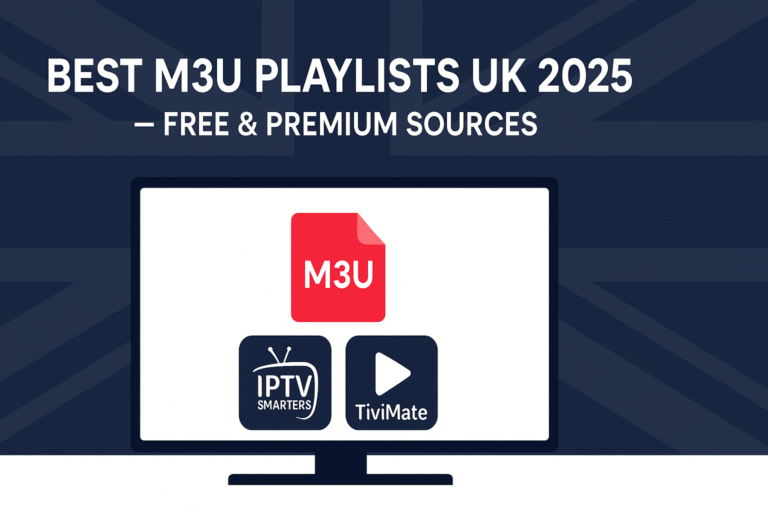 Best M3U Playlists UK 2025 guide banner with Smart TV, M3U icon and IPTV apps