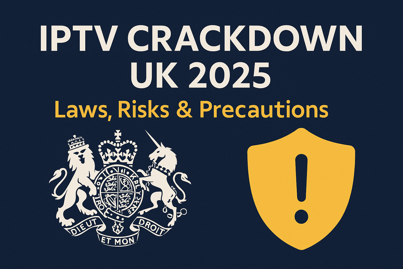 IPTV Crackdown UK 2025 – Laws, Risks & Precautions 1 IPTV Crackdown UK 2025 warning banner with UK emblem and caution shield
