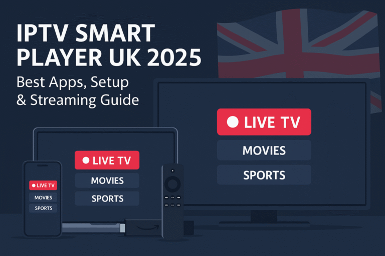 IPTV Smart Player apps on TV, laptop, phone, and Firestick with UK flag, 2025.