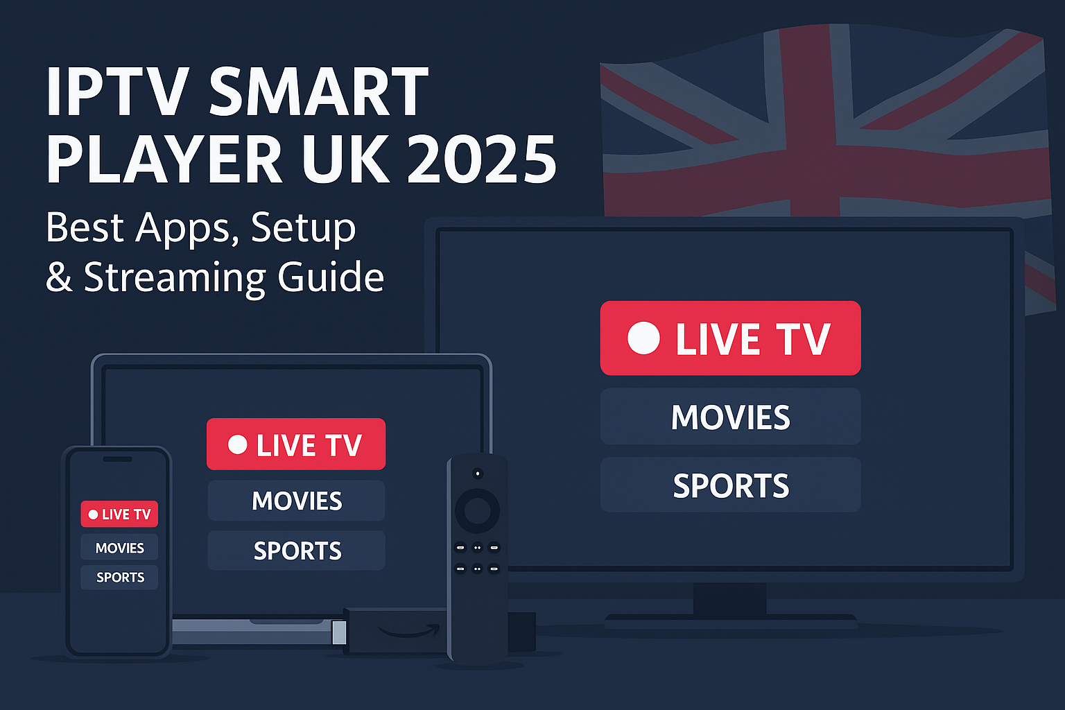 IPTV Smart Player apps on TV, laptop, phone, and Firestick with UK flag, 2025.