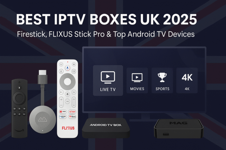IPTV boxes lineup with Firestick, FLIXUS Stick Pro, Android TV, and MAG box for UK 2025.