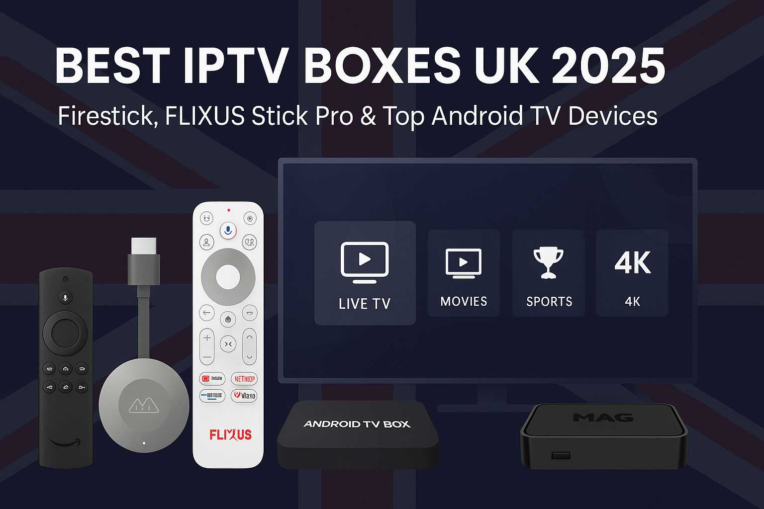 IPTV boxes lineup with Firestick, FLIXUS Stick Pro, Android TV, and MAG box for UK 2025.