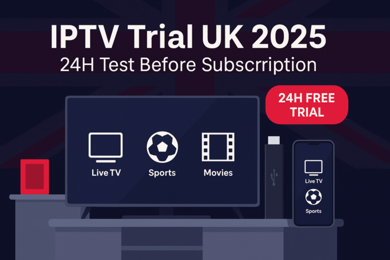 IPTV trial UK 2025 banner with Smart TV, Firestick and 24H free test